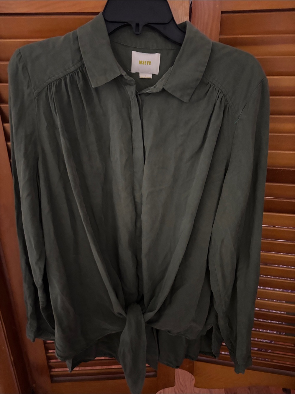 Maeve Dark Olive Tie-Front Long-Sleeve Blouse
